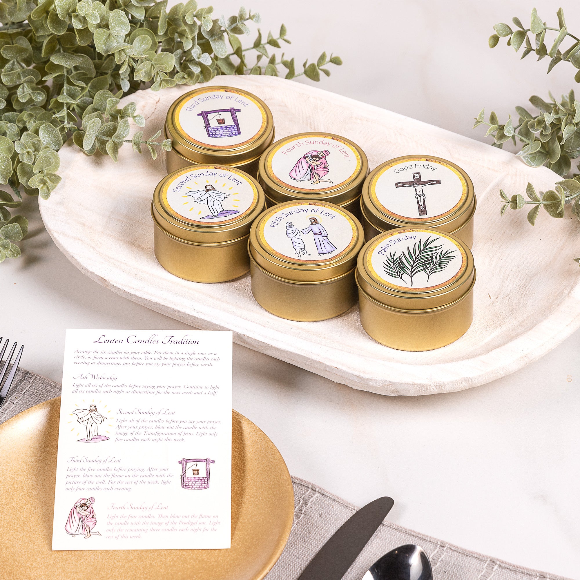Lenten Candles Tradition - Set of 6 Gold Tins