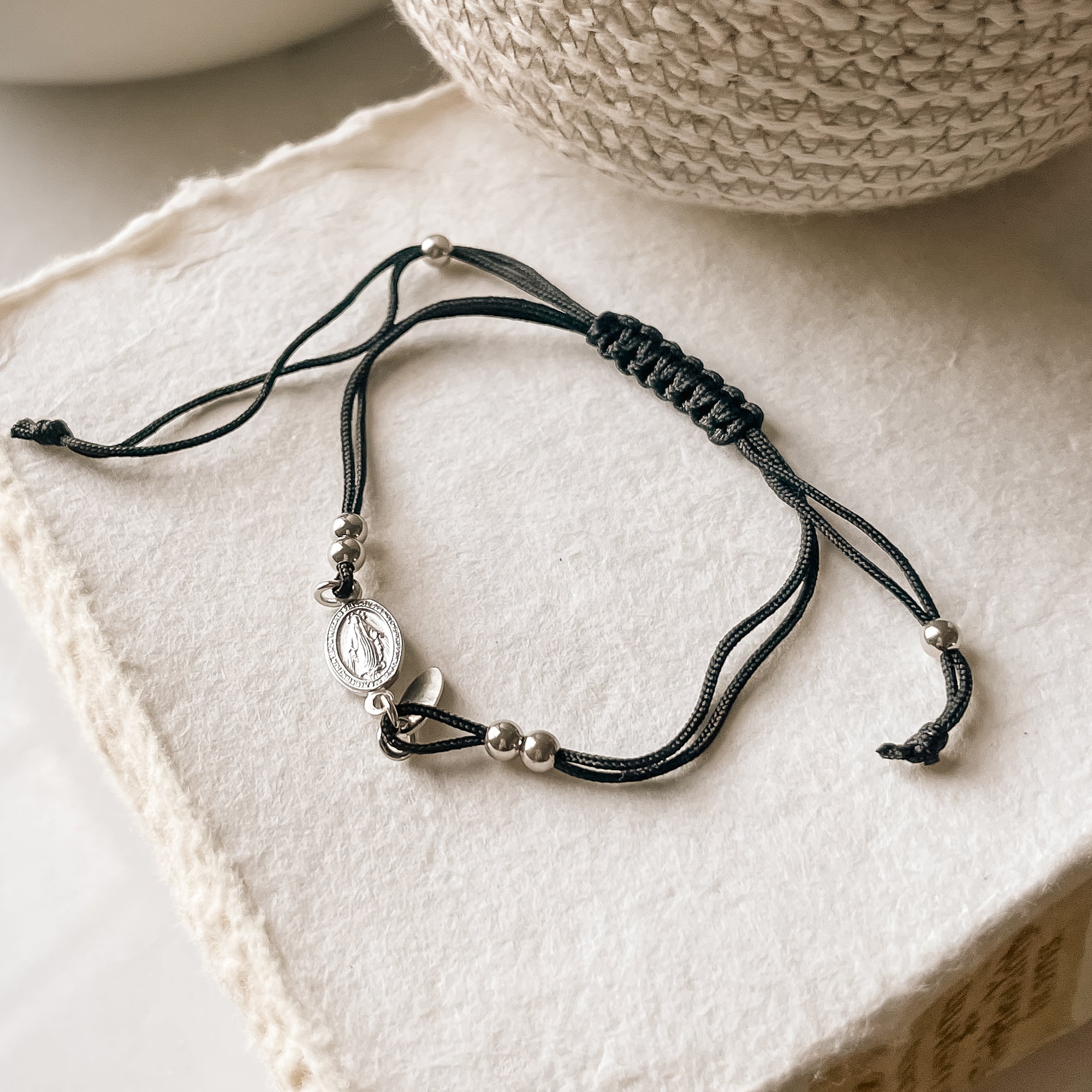 Sterling Silver Miraculous Medal Black Cord Bracelet