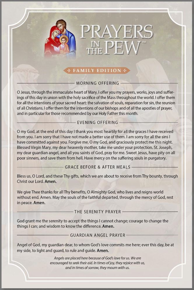 Prayers In The Pew pamphlet with daily, morning, and evening prayers; paper, with an image of Mary, Jesus, and Joseph on top.