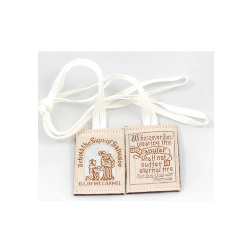 Cloth scapular has an embroidered design and biblical text, worn for religious devotion, with white cords.