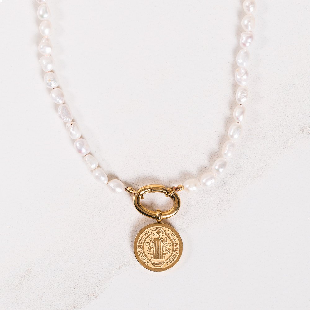 Freshwater Pearl & Gold St. Benedict Medal Necklace - Small or Large