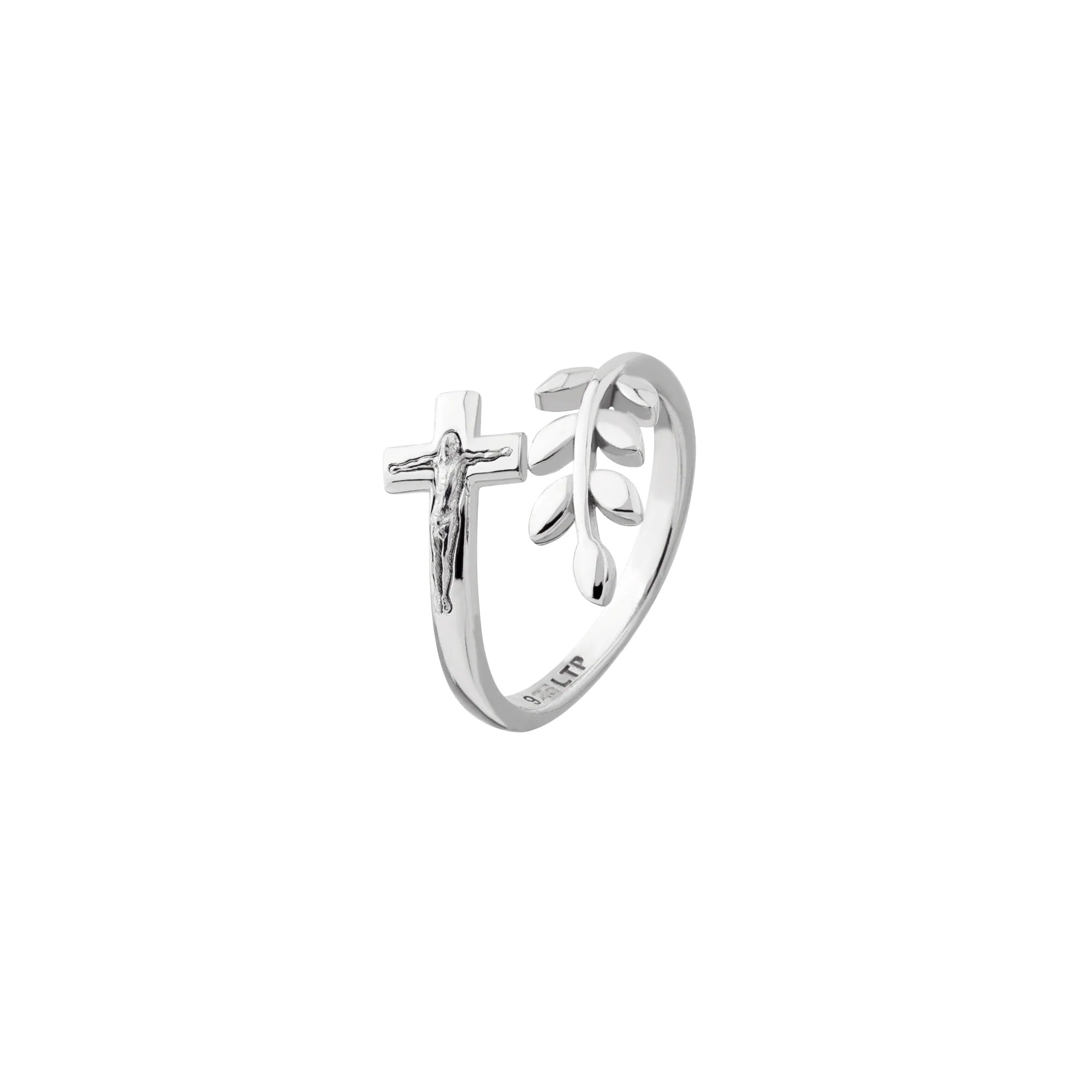 Sterling Silver Peace Olive Branch & Crucifix Adjustable Ring
