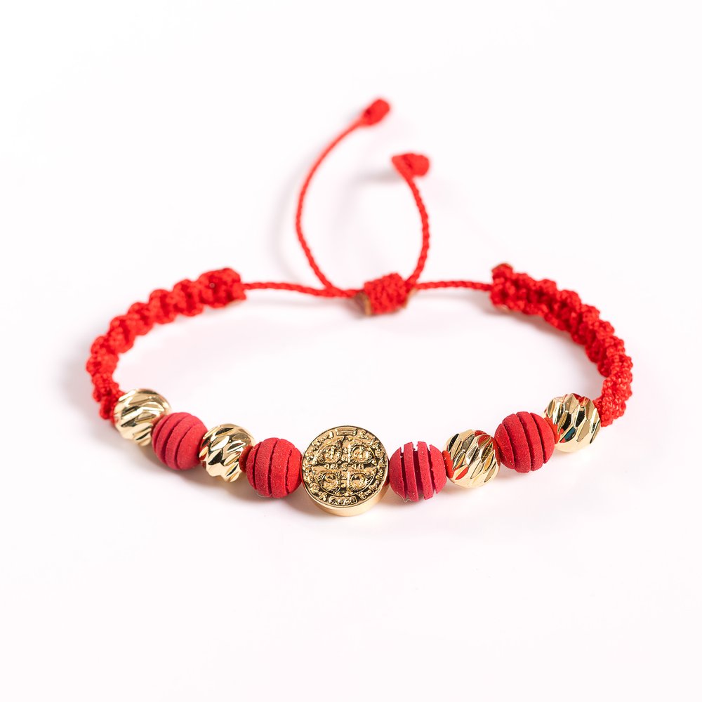 St. Benedict Red Cord Bracelet with Gold Medal