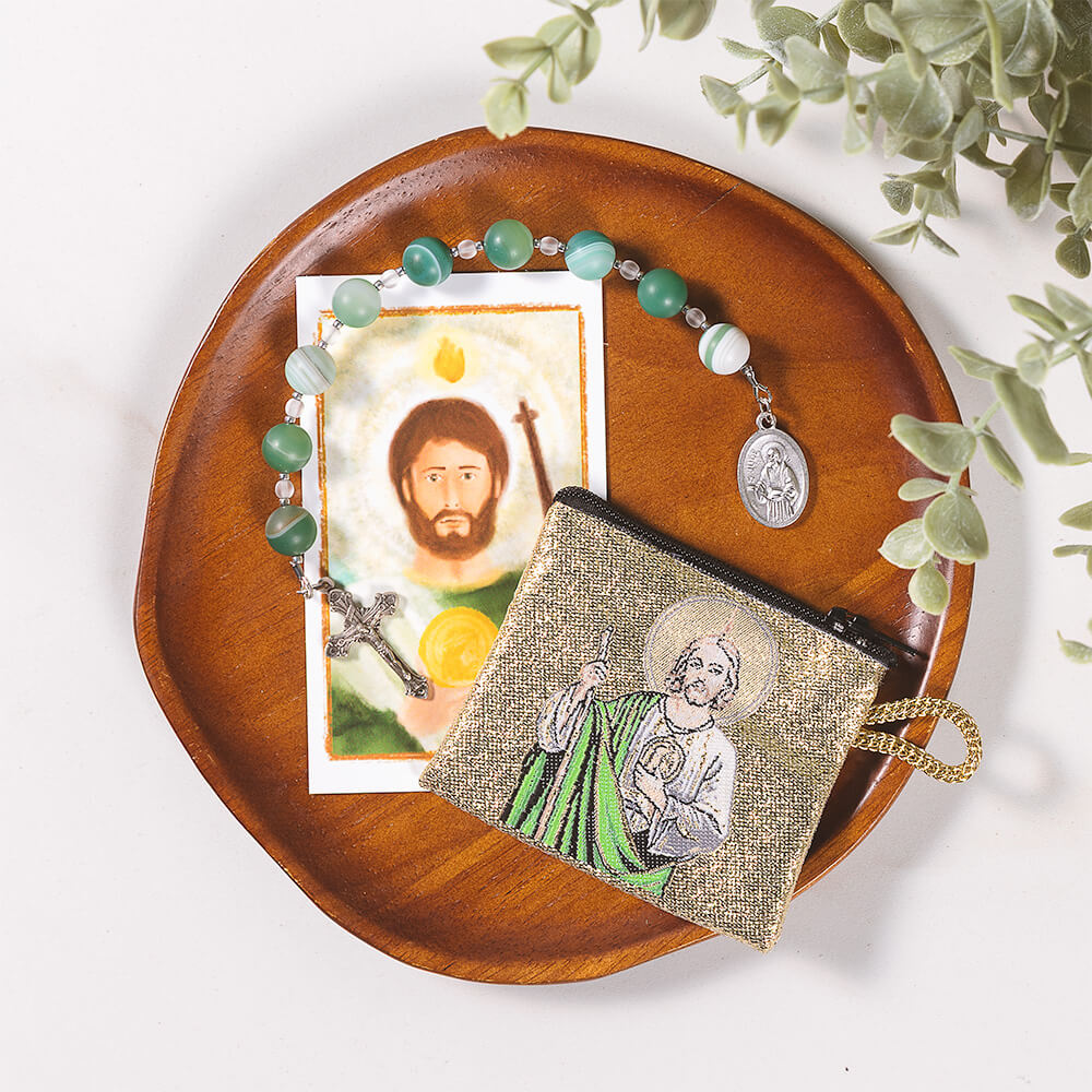 Green Agate Chaplet of St. Jude & St. Jude Small Zippered Rosary Pouch Gift Set