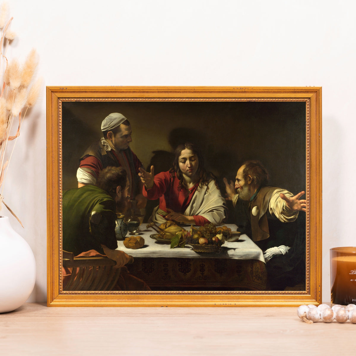 Framed print depicts Jesus and apostles, oil on canvas, gold frame, renaissance style.