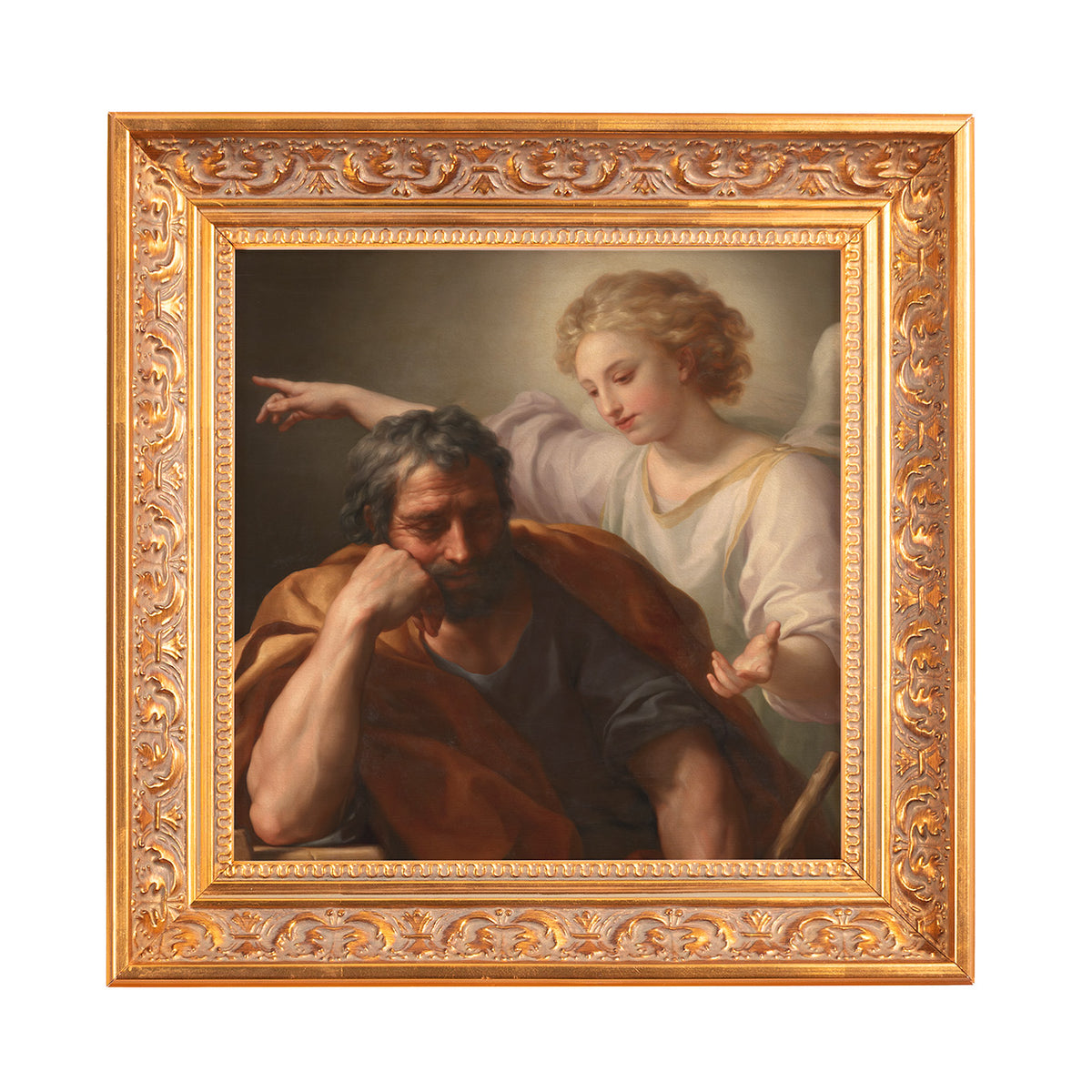 Framed artwork of an angel speaking to a man, with a detailed gold-colored frame.