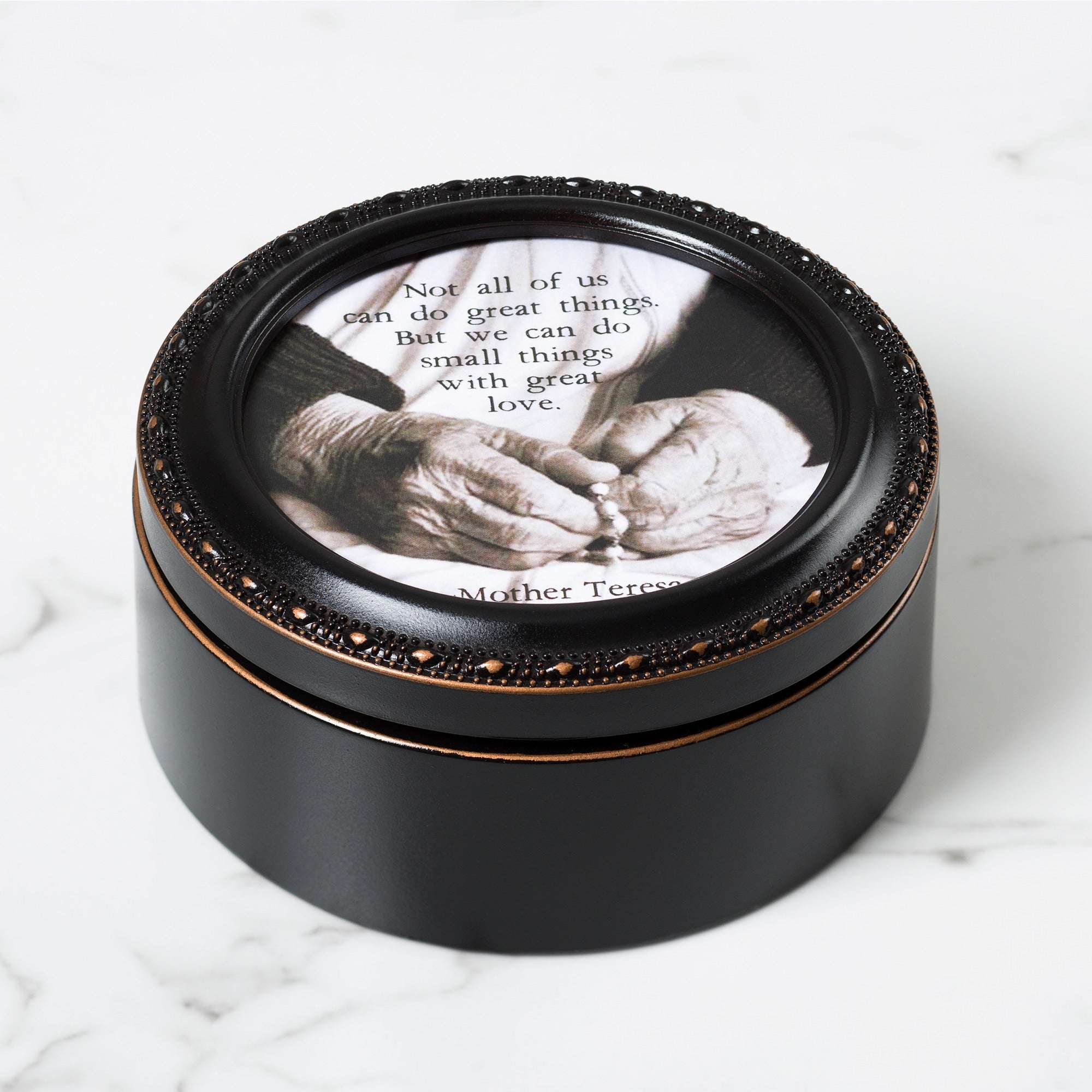Mother Teresa "Small Things" Round Rosary Box