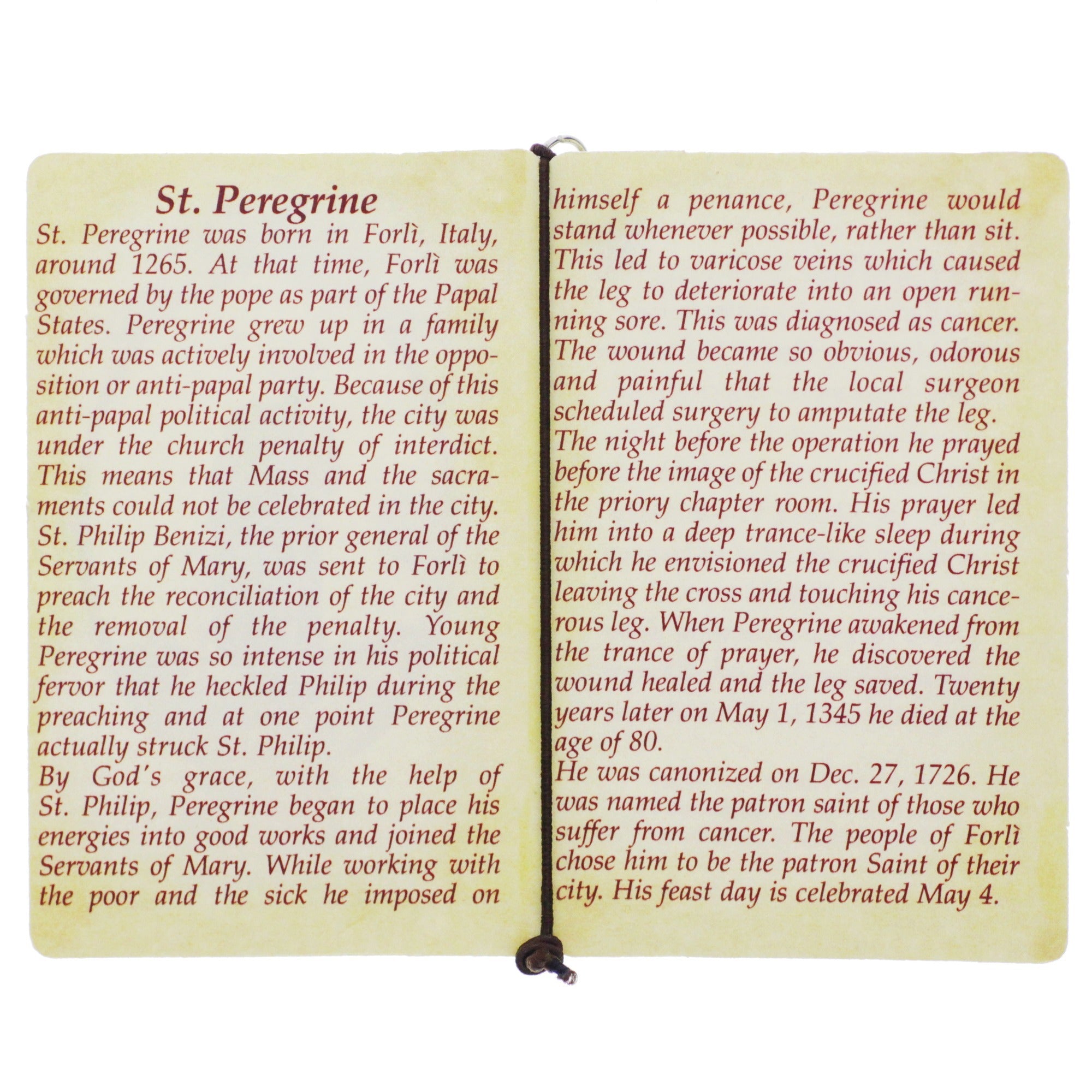 St. Peregrine Folded Prayer Card with Medal