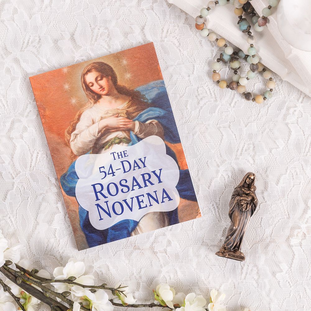 The 54 Day Rosary Novena & Petite Madonna & Child Hand Painted Cold Cast Bronze Figurine Gift Set