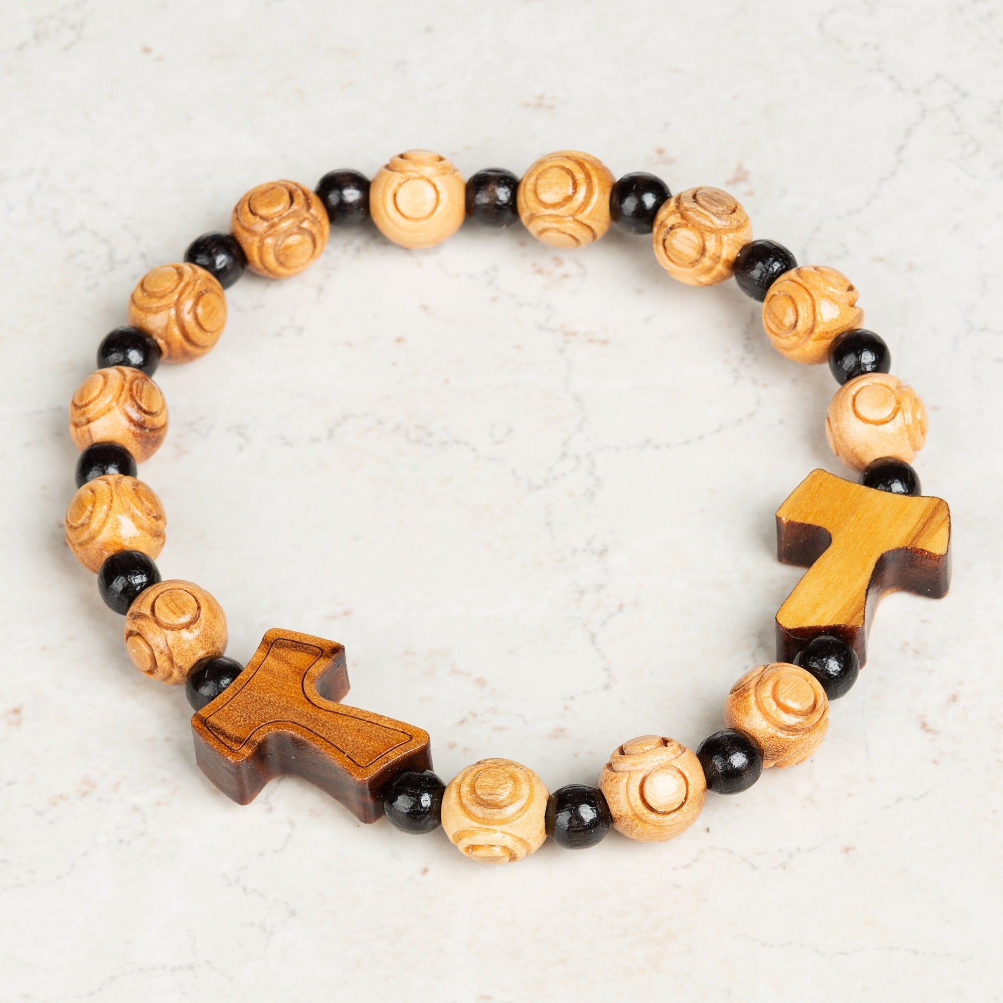 Tau Wood Bead Rosary Bracelet