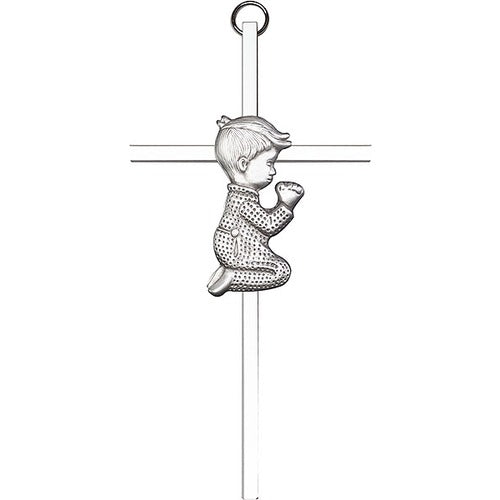 6 inch Antique Silver Praying Boy on a Polished Silver Finish Cross