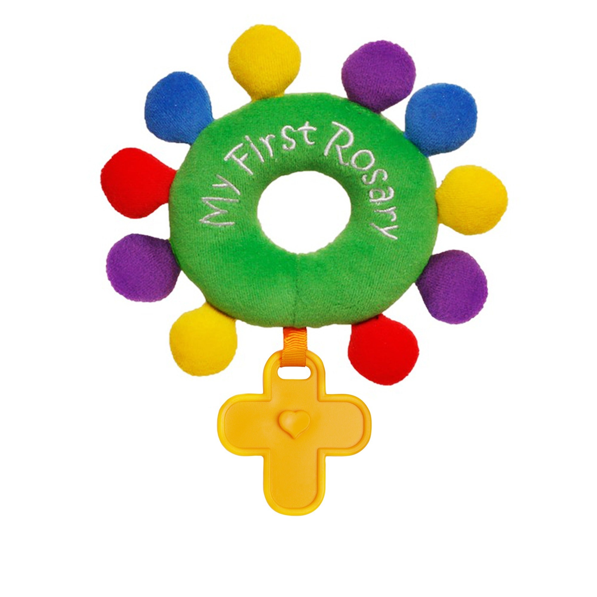 Plush baby rosary toy with green circle, colorful beads, and yellow plastic cross with heart detail.