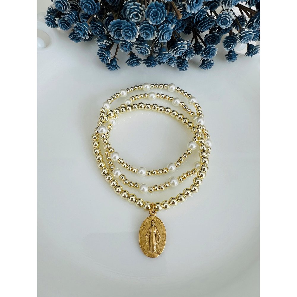 Miraculous Medal Gold & Pearl Bracelet Set - 3 Pieces