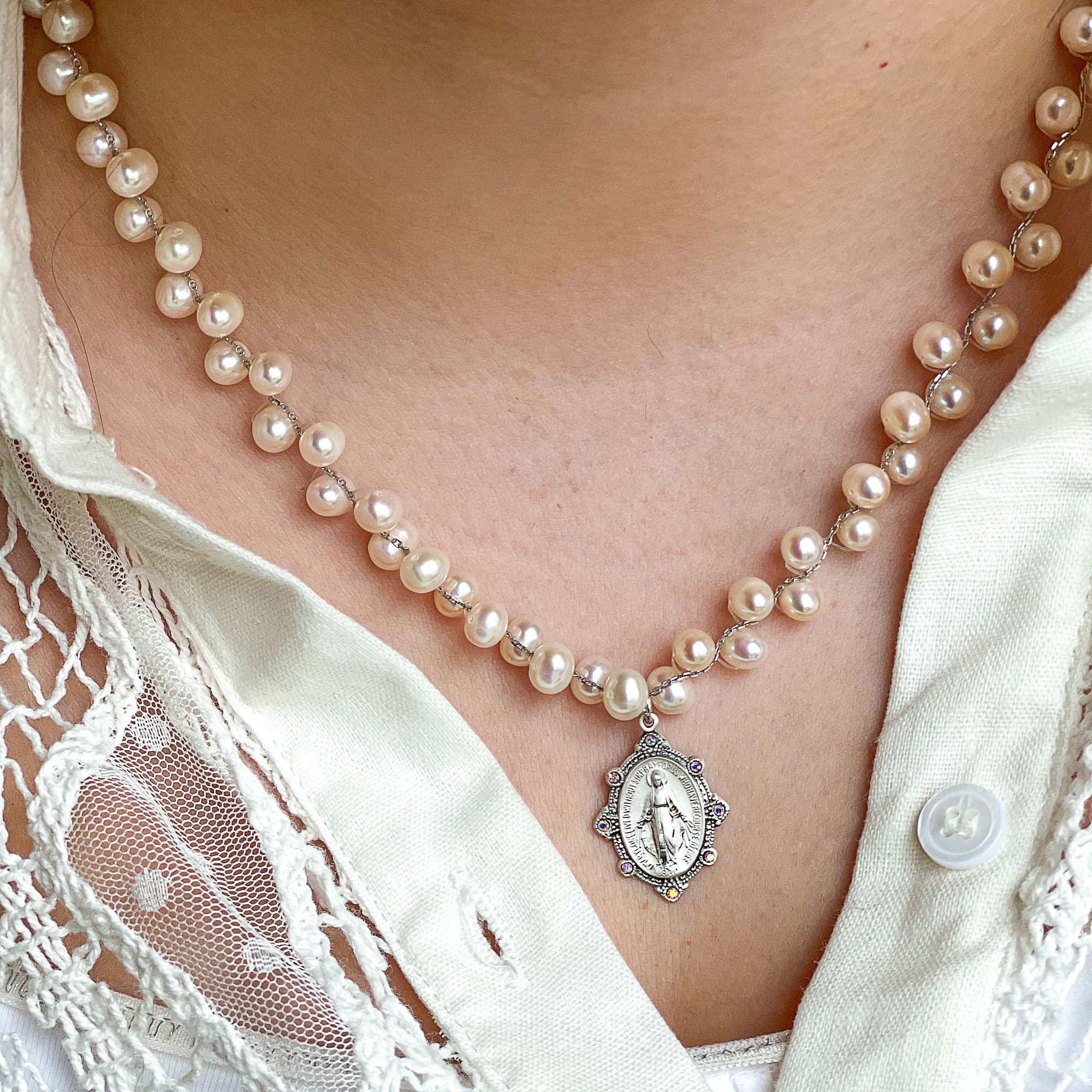 Grapevine Pearl Miraculous Medal Swarovski Necklace