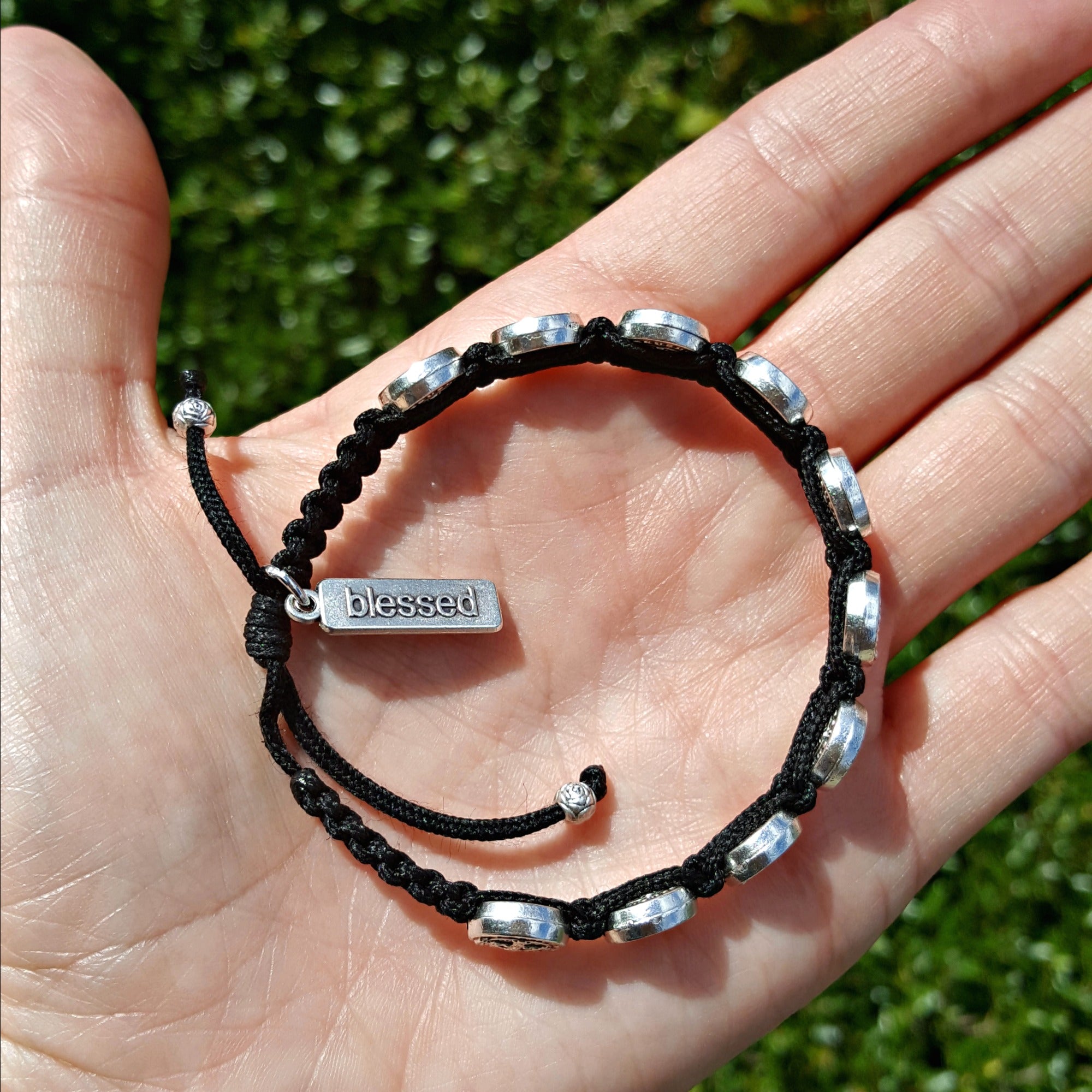Silver Benedictine Blessing Bracelet, Black Macrame