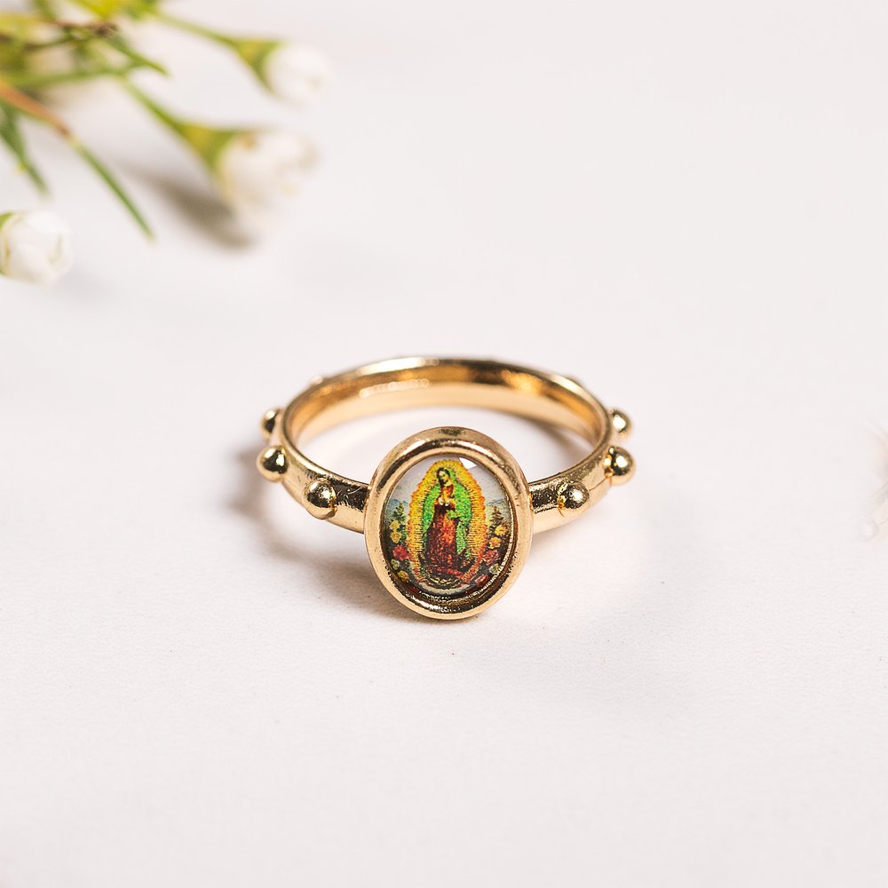 Virgin of Guadalupe Colored Centerpiece Rosary Ring - Size 7 or 9