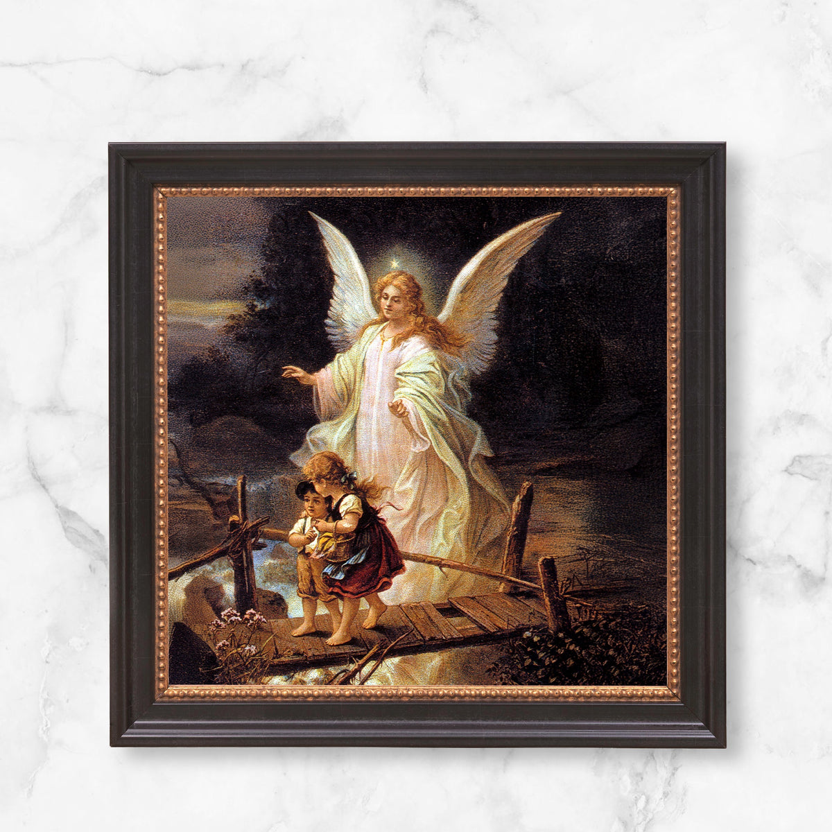 Framed print of "The Guardian Angel," depicting an angel watching over children, in a black and gold-beaded frame.