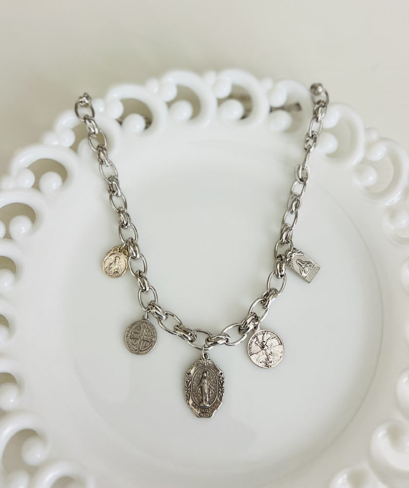 Vintage Silver Catholic Charm Necklace