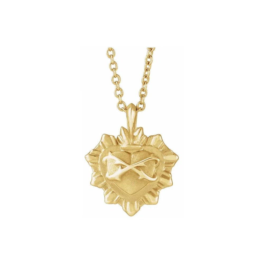 Gold necklace with heart-shaped pendant and crossed rifles design on textured circular backdrop.