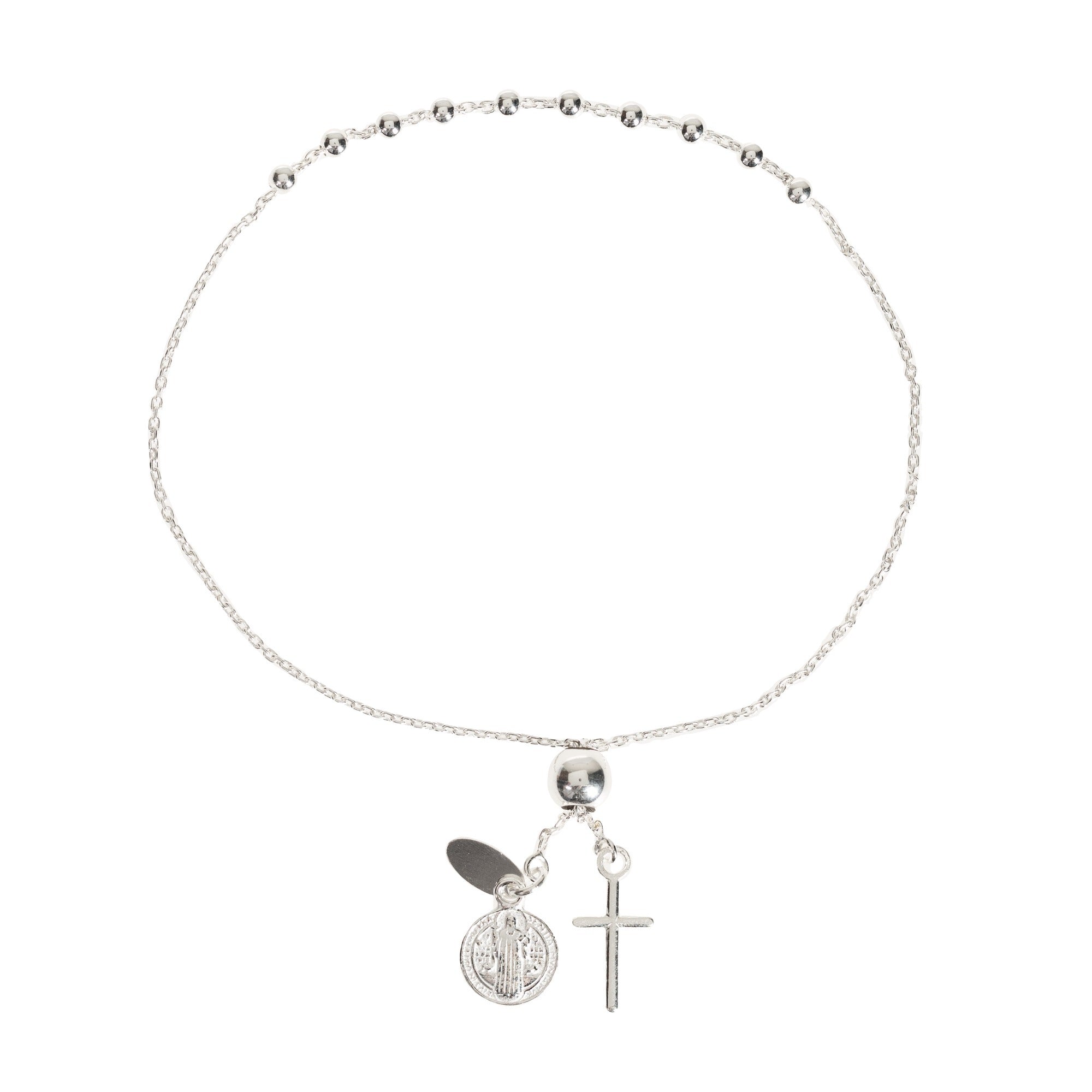 Sterling Adjustable Rosary Bracelet with Cross and St. Benedict Medal