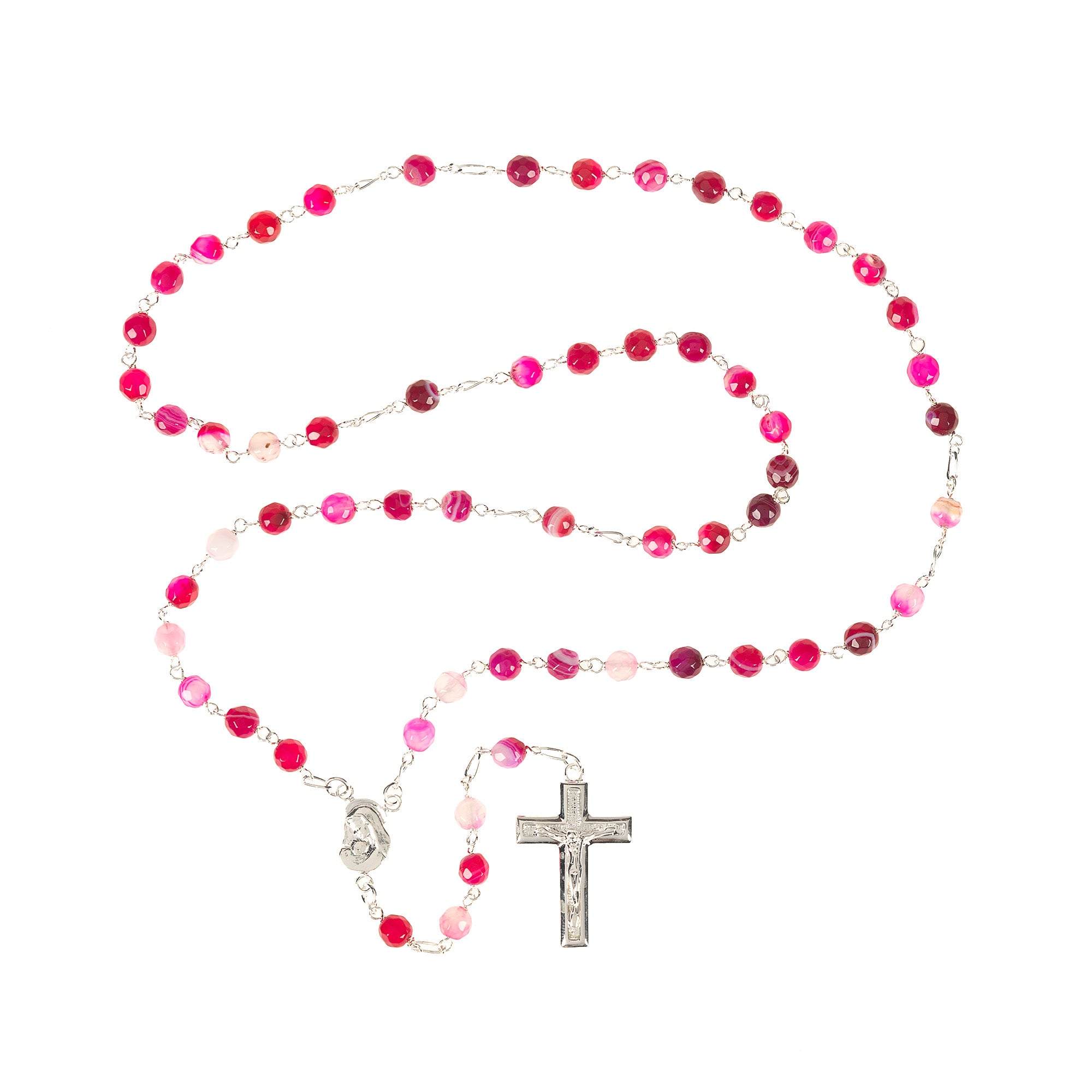 Pink rosary with round stone beads, silver chain, and cross.