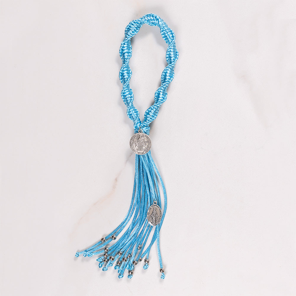 Handcrafted Knotted Light Blue Miraculous Medal & St. Benedict Home Blessing