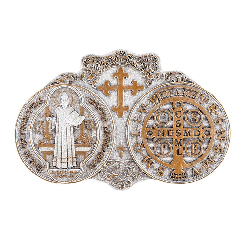White & Gold St. Benedict Medal Standing Plaque