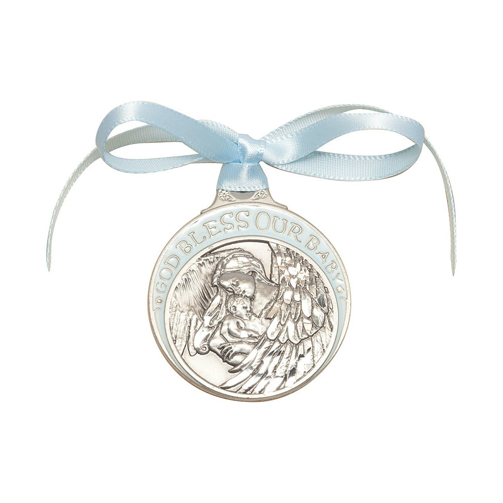 Silver baby blessing medal with a light blue ribbon and the words "God Bless Our Baby" around the edge.