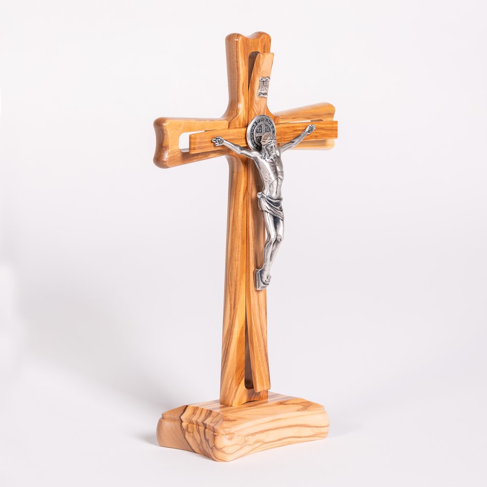 Italian Olive Wood St. Benedict Standing Crucifix - 9"