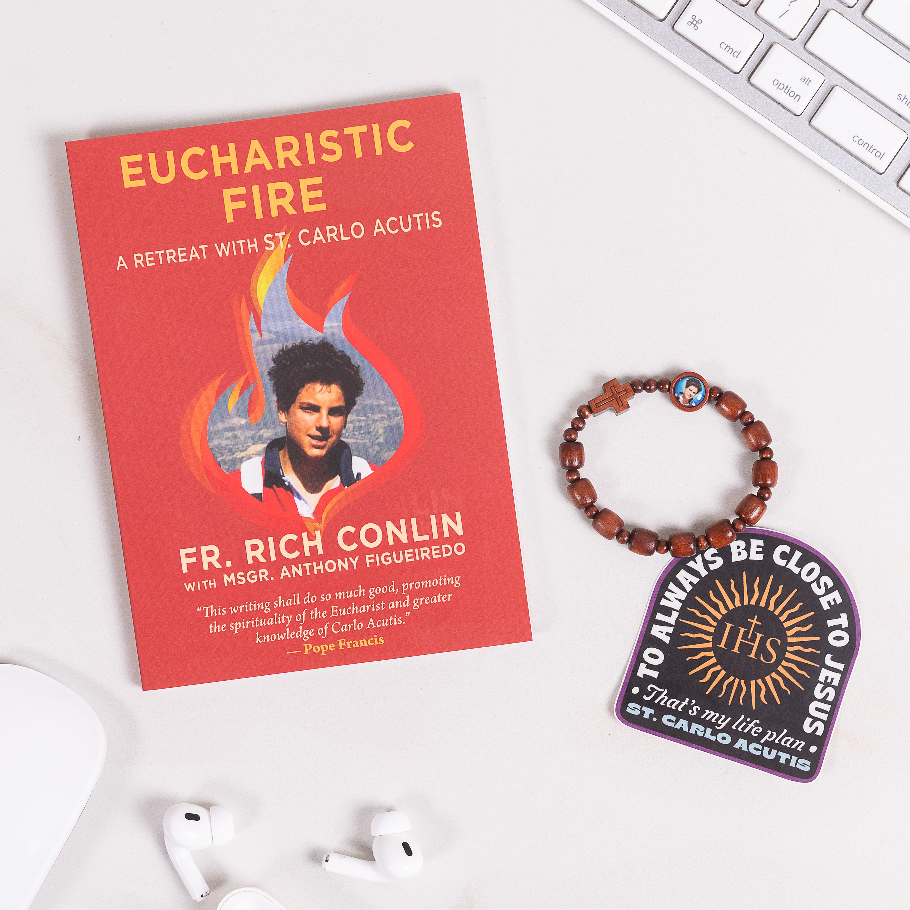 St. Carlo Acutis Eucharistic Devotion Set – Book, Rosary Bracelet & Sticker