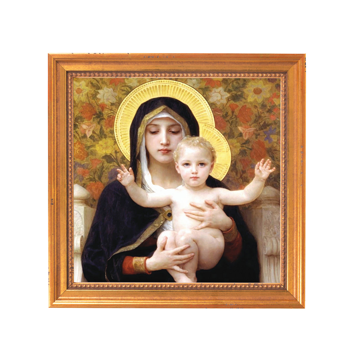 Framed painting of Mary and Jesus with gold halos.