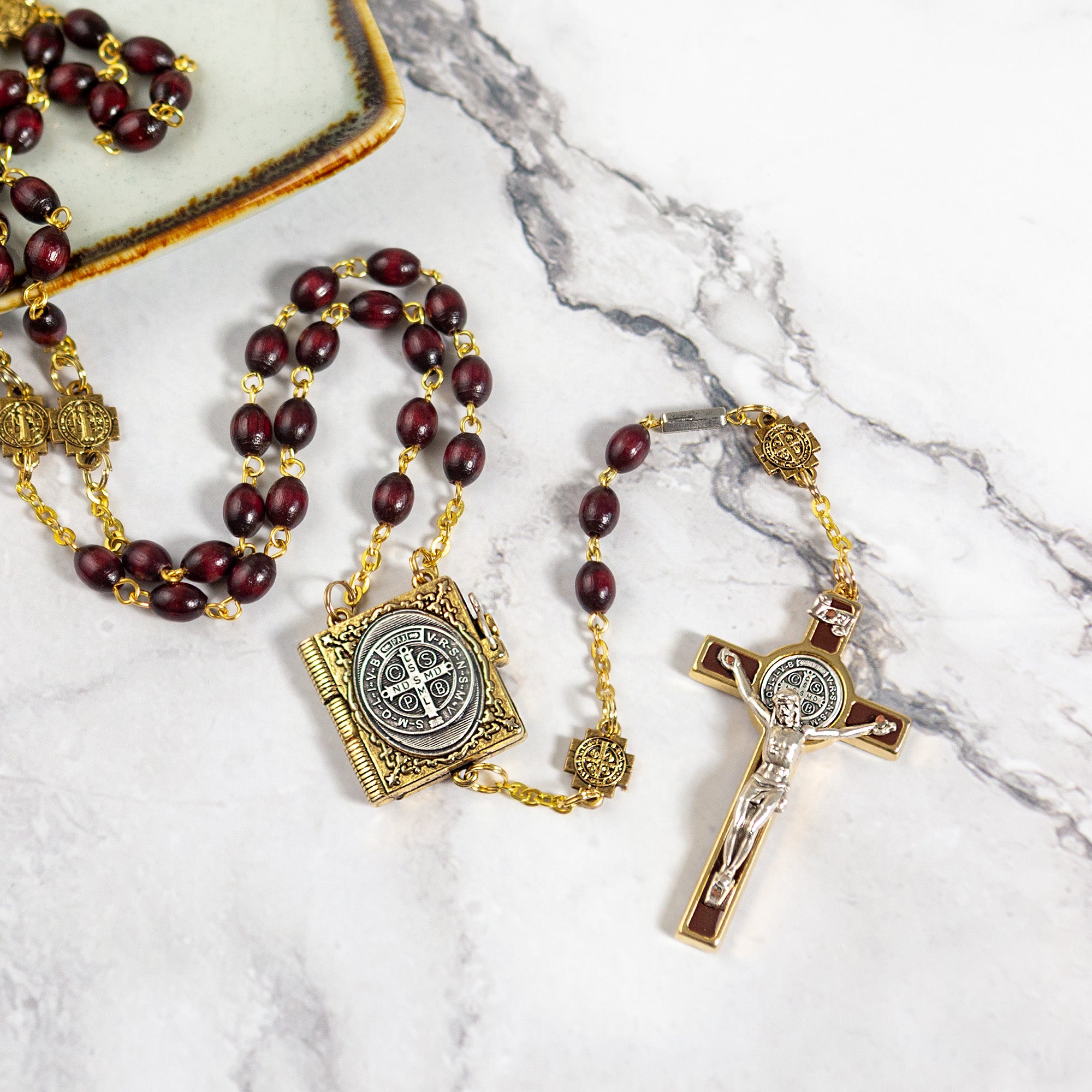St. Benedict Gold Plated Brown Rosary