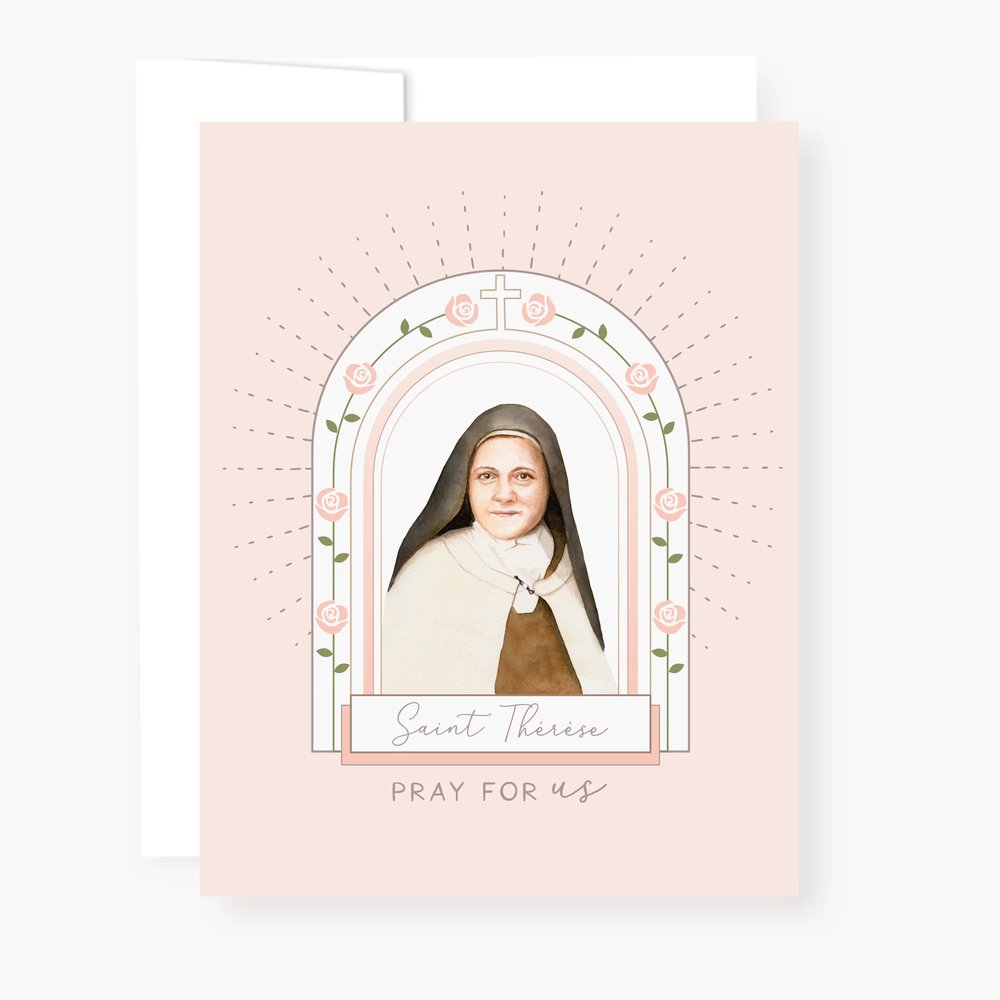 Greeting card featuring Saint Thérèse illustration on a pink background with floral details and religious text.