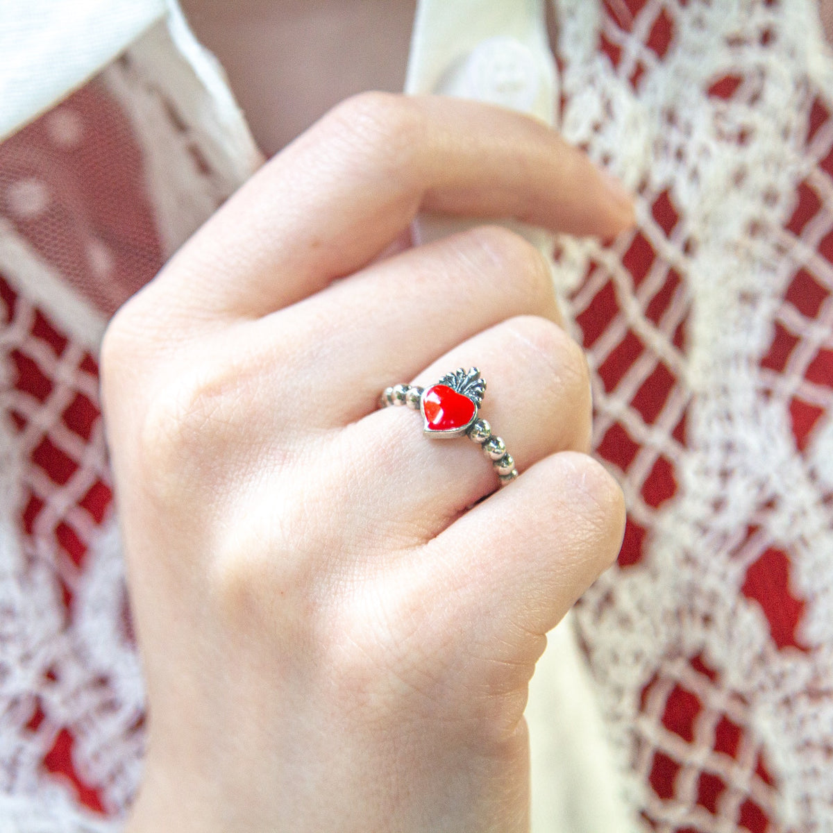 Sacred Heart Ring with Red Accent in Beaded Sterling