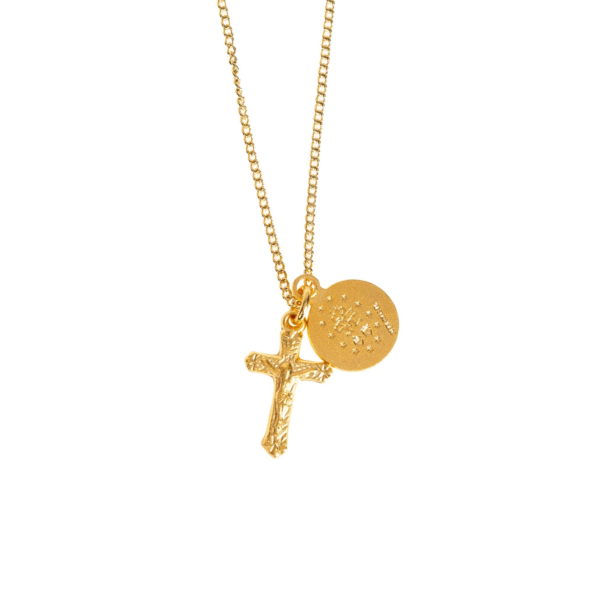 Gold Plated Round Miraculous Medal & Petite Crucifix Necklace