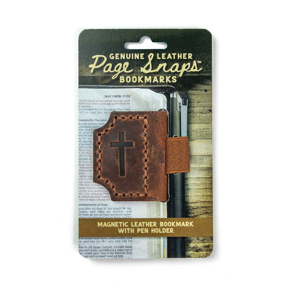 Brown, Leather bookmark with a cross cutout, a pen holder, and magnetic closure.