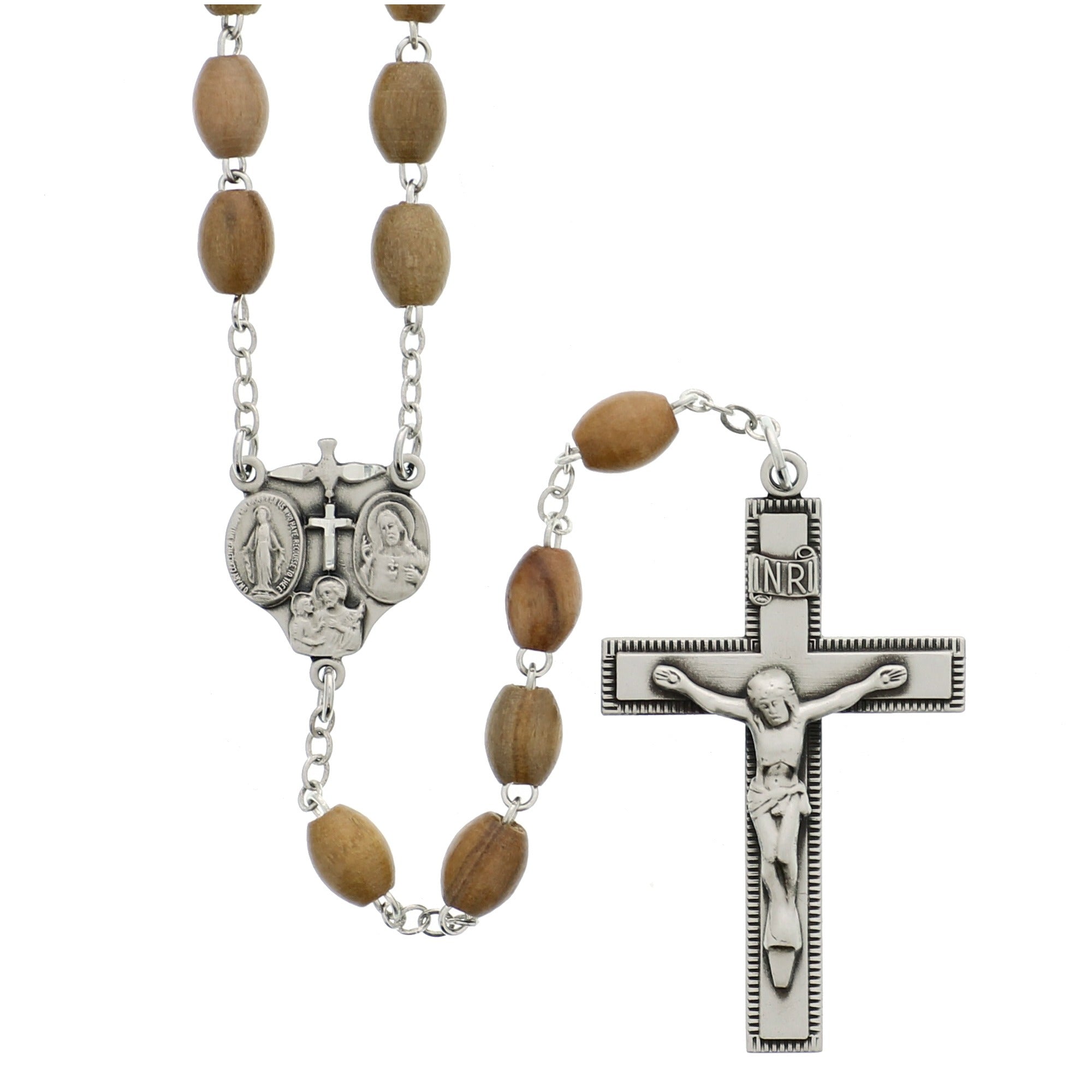 Sterling Silver 4-Way Medal Olive Wood Rosary