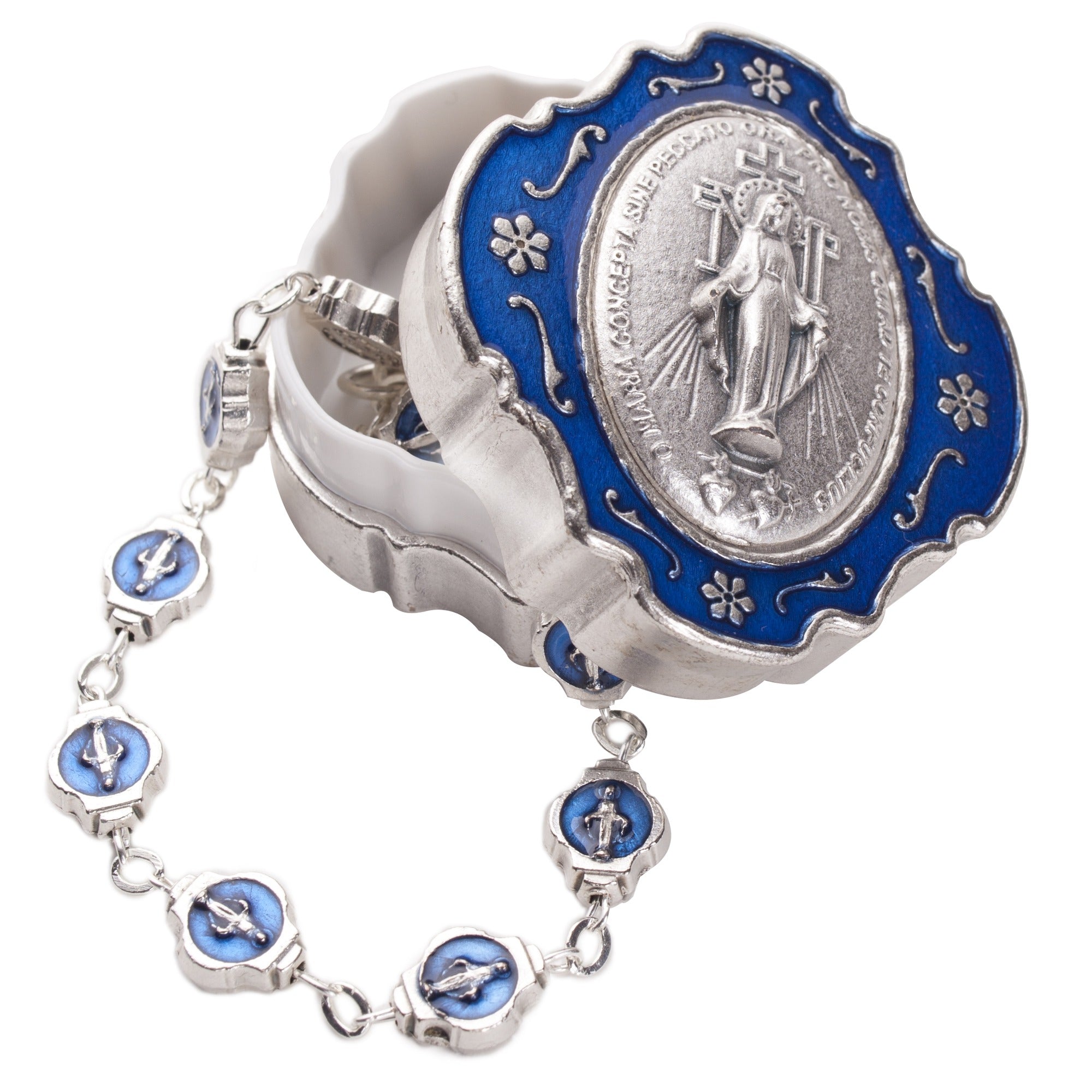 Blue Enamel Miraculous Box w/ Rosary Bracelet