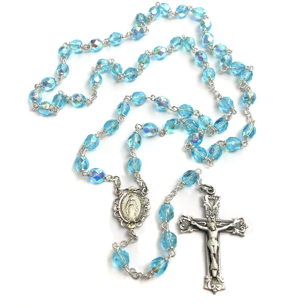Bohemian Glass Birthstone Rosary – Aqua / March
