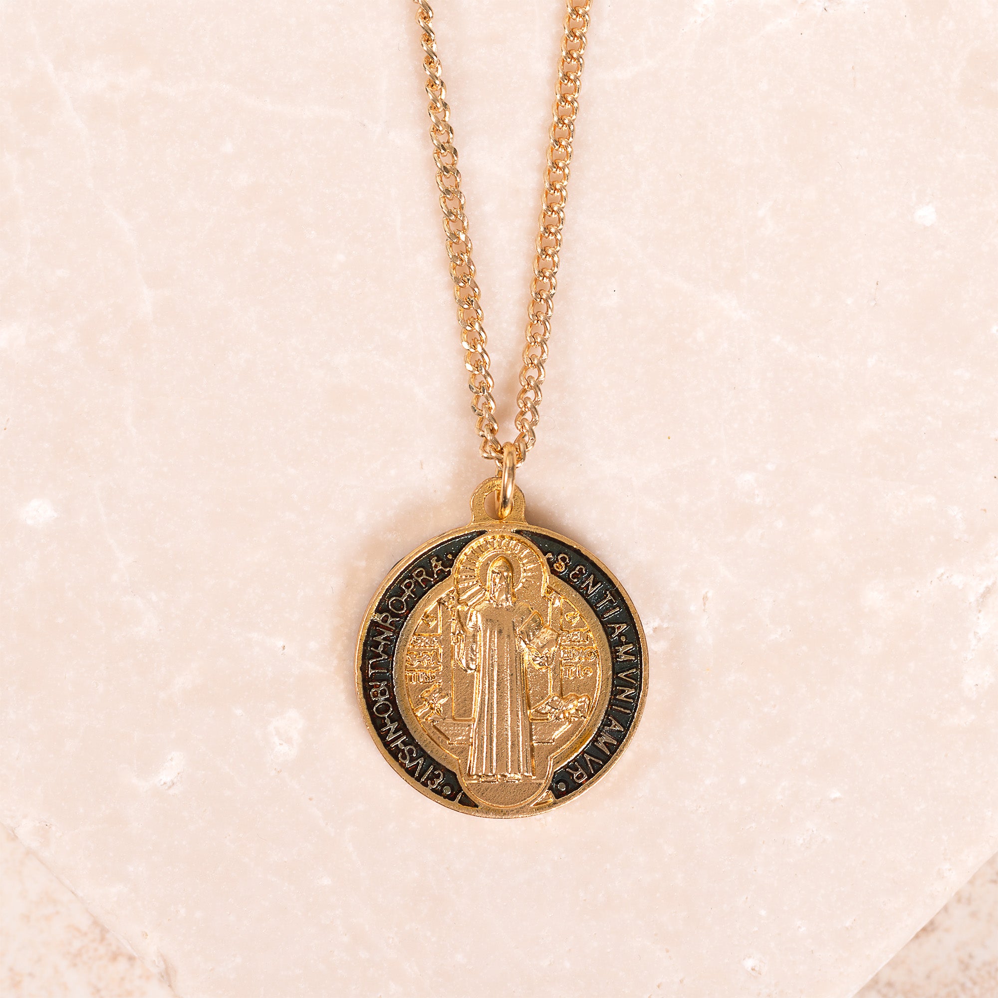 St. Benedict Gilt Gold and Aqua Medal with chain