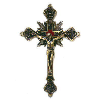 Ornate Bronze Wall Crucifix with Red Inlay - 8"