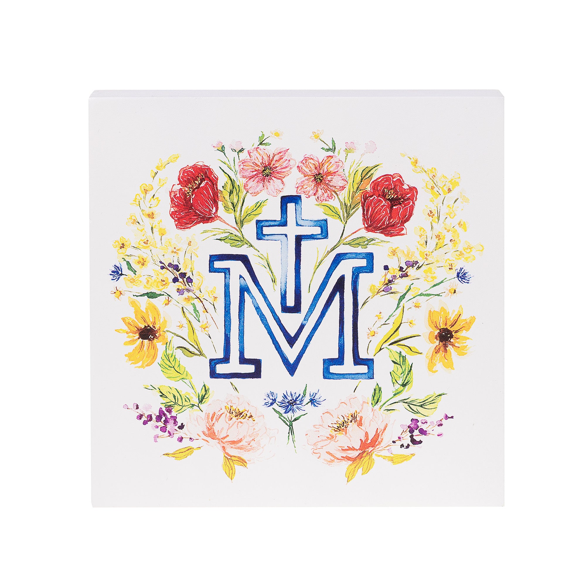 Floral Marian Cross Wood Block Sign