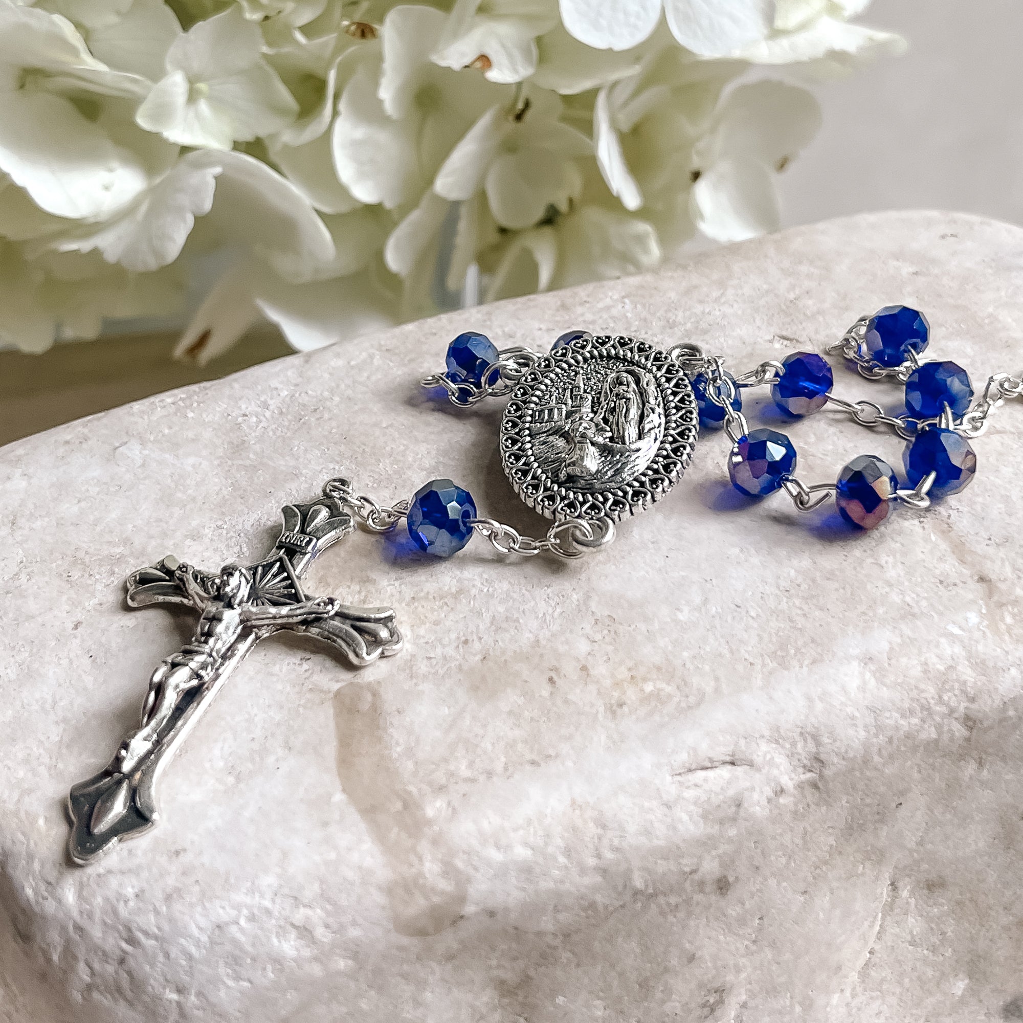 Blue Sun-Cut Crystal Lourdes Water Auto Rosary