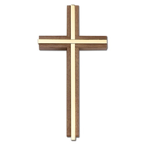 6 inch Plain Crucifix, Walnut w/ Polished Brass inlay