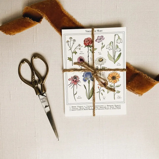 Pack of greeting cards with floral illustrations tied with twine next to a pair of scissors on a textured surface