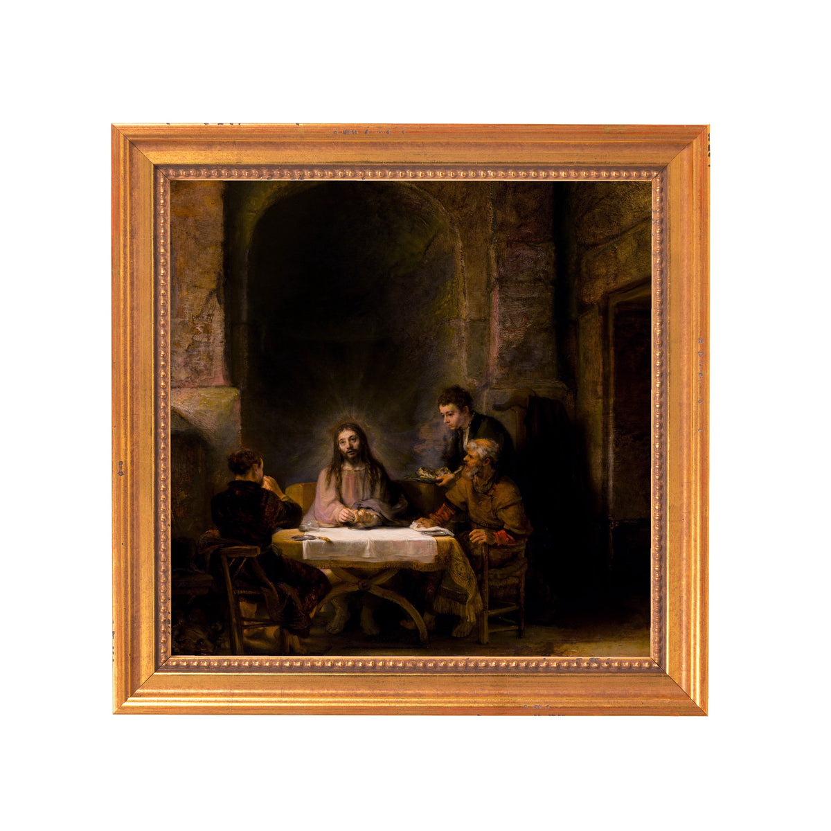 Framed oil painting of The Last Supper in a gold-toned frame.