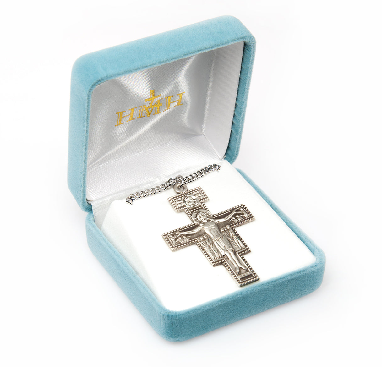 Sterling Embossed Border San Damiano Crucifix Necklace