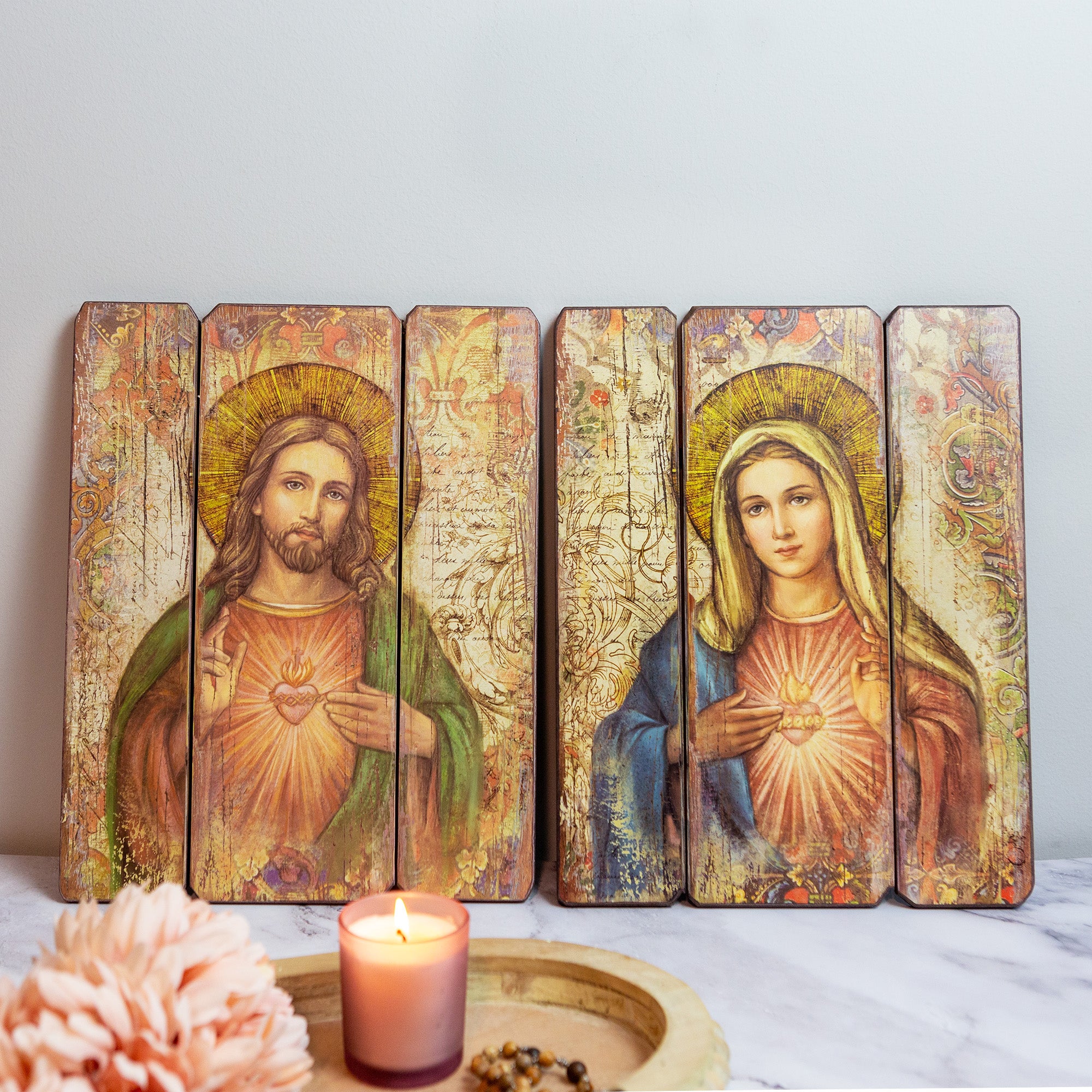 Sacred Heart Wooden Wall Plaque & Immaculate Heart Wooden Wall Plaque (2 Gift Set)