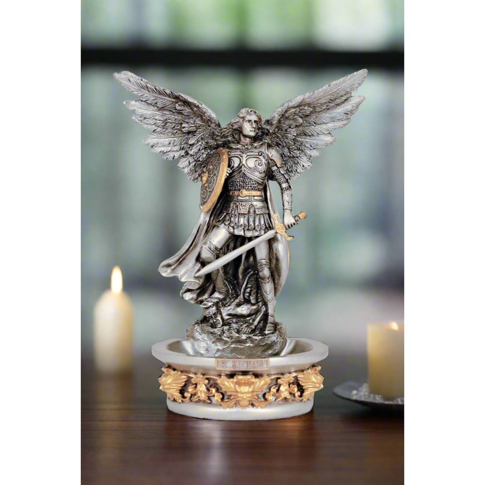 Silvered Standing or Hanging St. Michael Holy Water Font - 7"