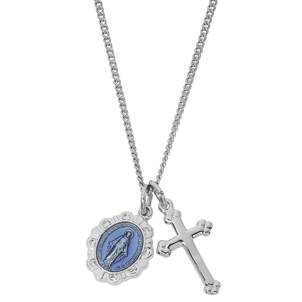 Sterling Silver Petite Blue Miraculous Medal & Cross Necklace - 18"